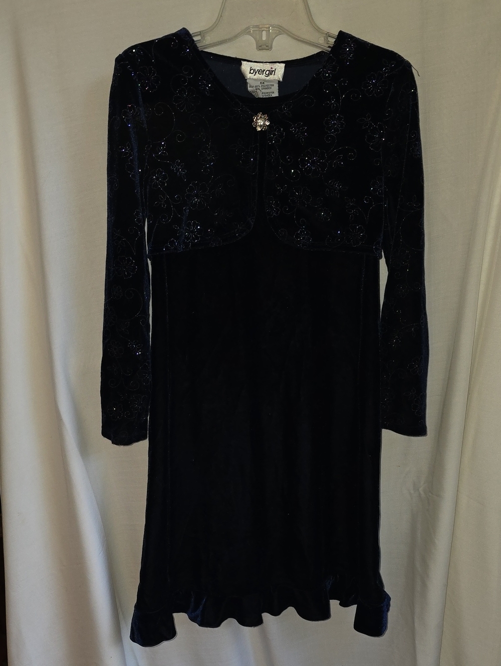 Velvet Long-Sleeve Dress with Embellished Bolero - Navy